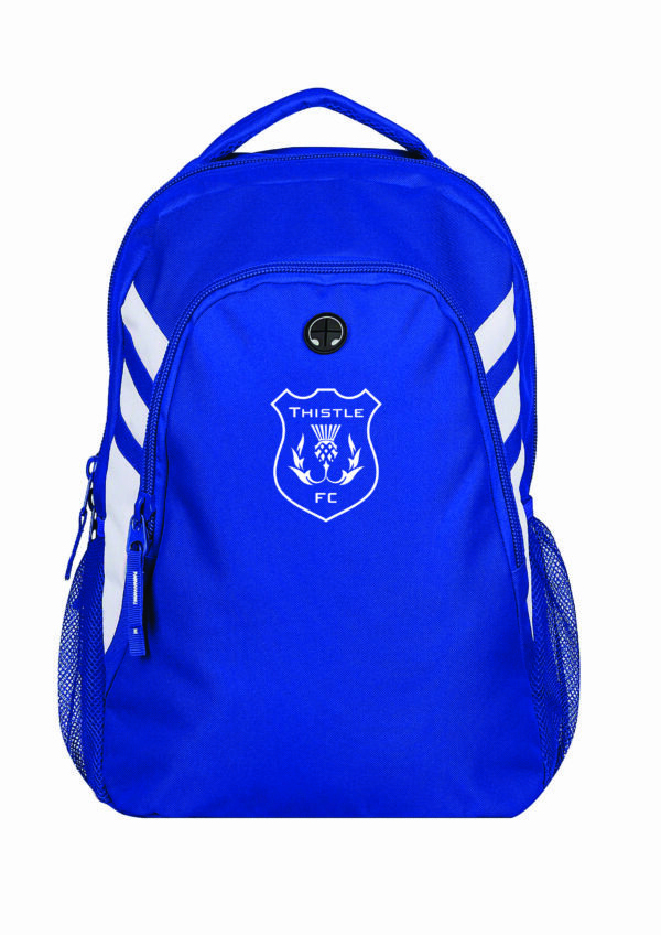 Blue backpack with Thistle logo